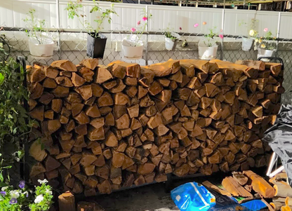 Face cord of firewood stacked in a backyard with some plants around