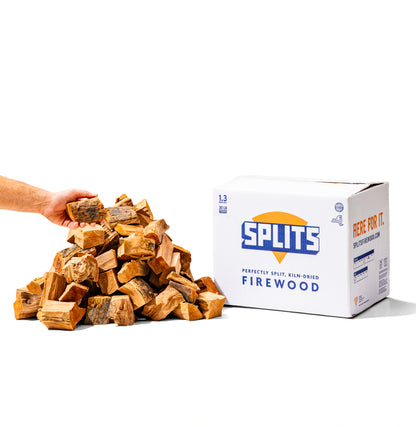 SPLITS 3 inch apple smoking wood chunks next to SPLITS box