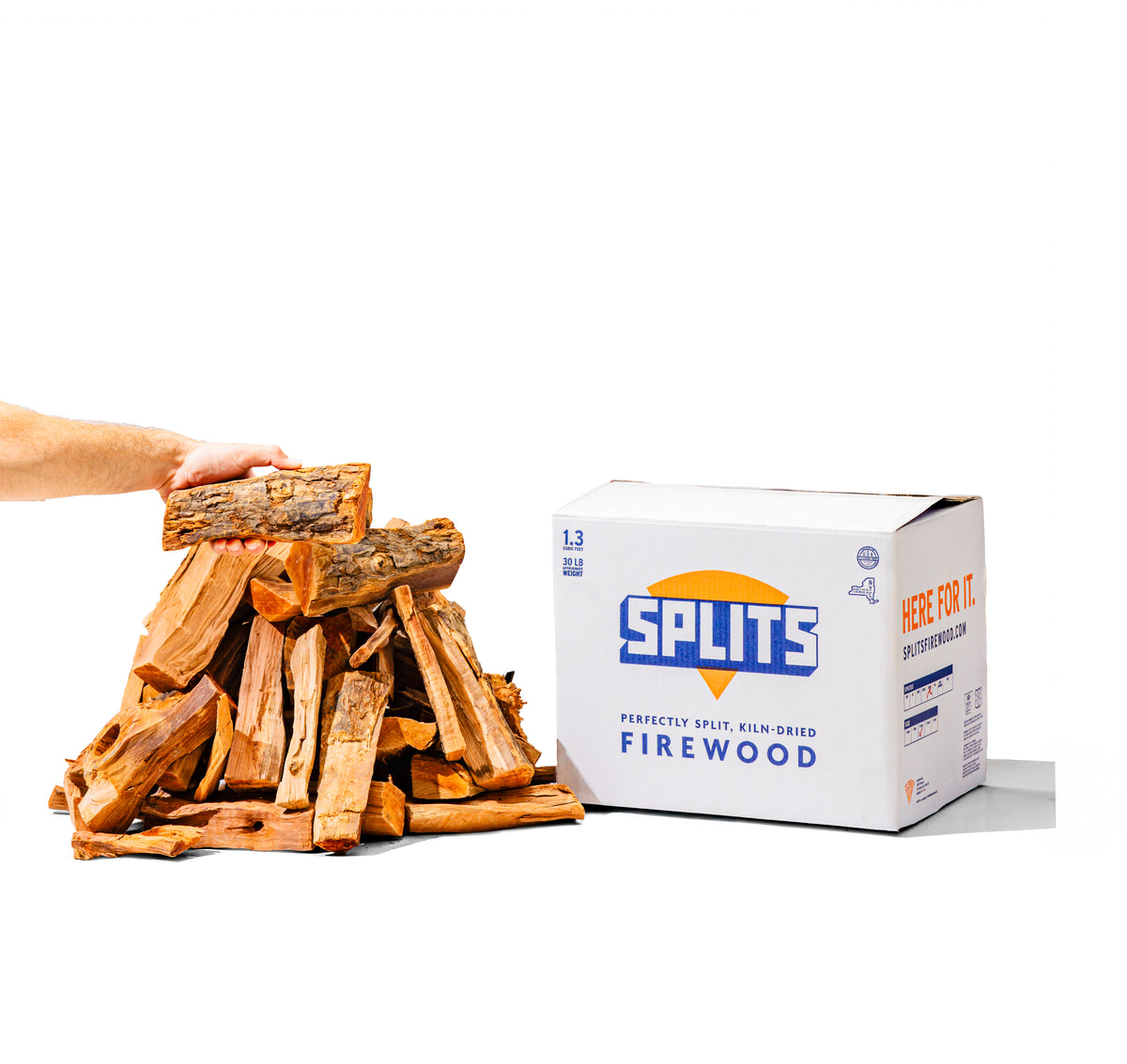 SPLITS 8 inch apple wood halfers next to SPLITS box
