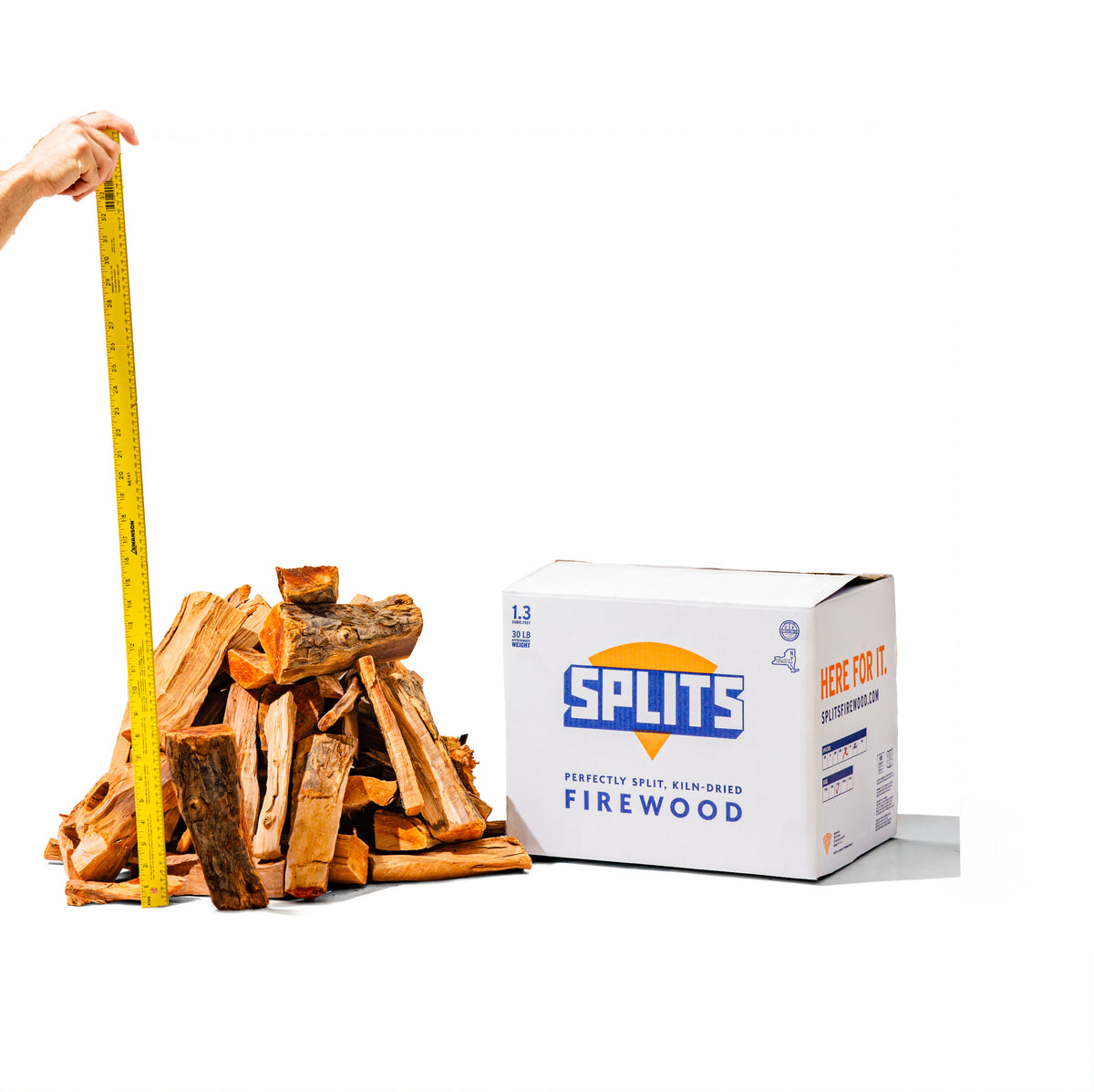 SPLITS 8 inch apple wood halfers next to SPLITS box