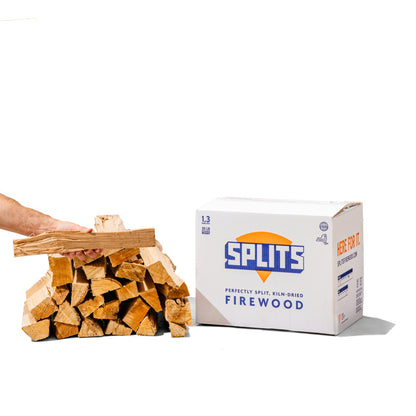 SPLITS 16 inch ash firewood splits next to SPLITS box