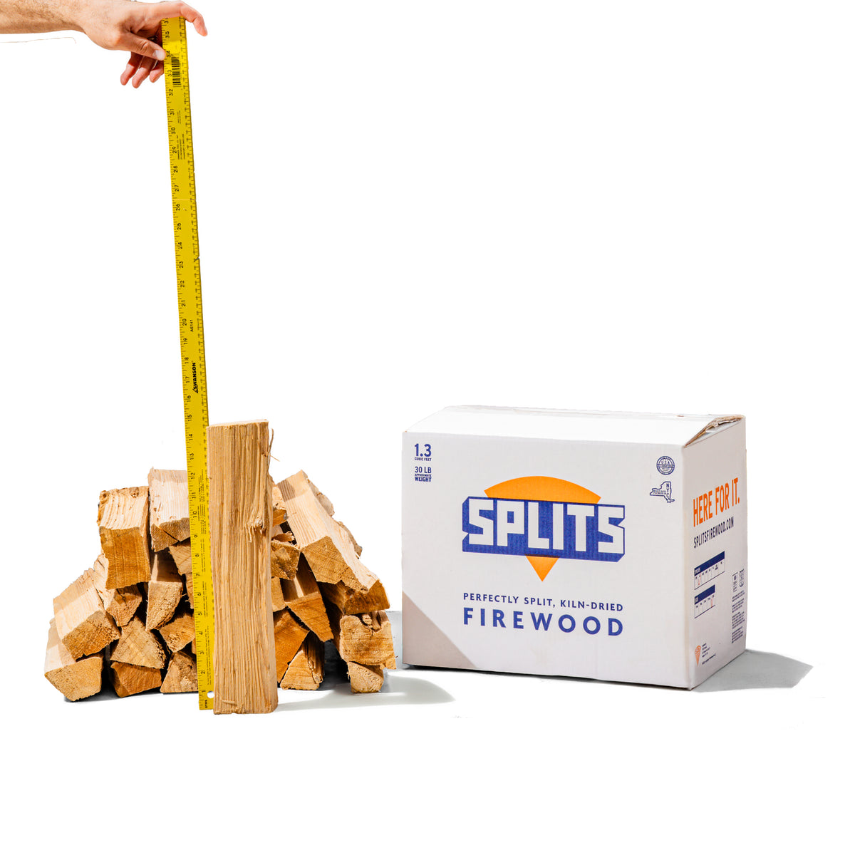 SPLITS 16 inch ash firewood splits next to SPLITS box