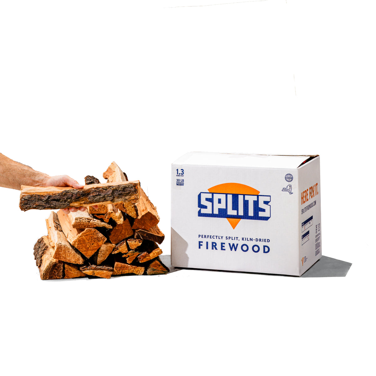 SPLITS 16 inch cherry firewood splits next to SPLITS box