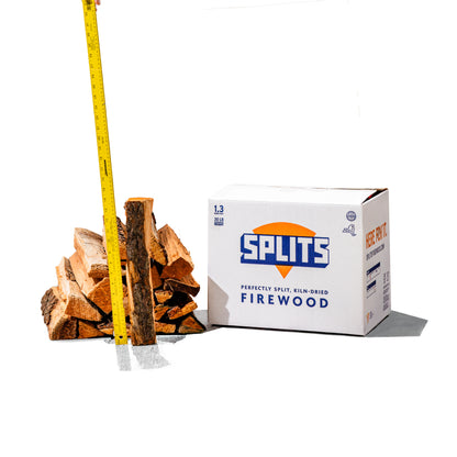 SPLITS 16 inch cherry firewood splits next to SPLITS box