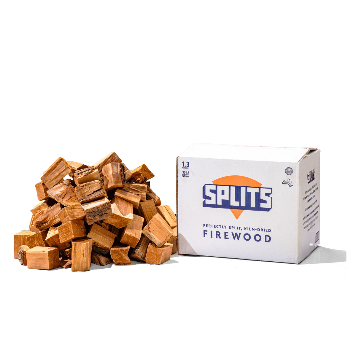 SPLITS 3 inch cherry smoking wood chunks next to SPLITS box