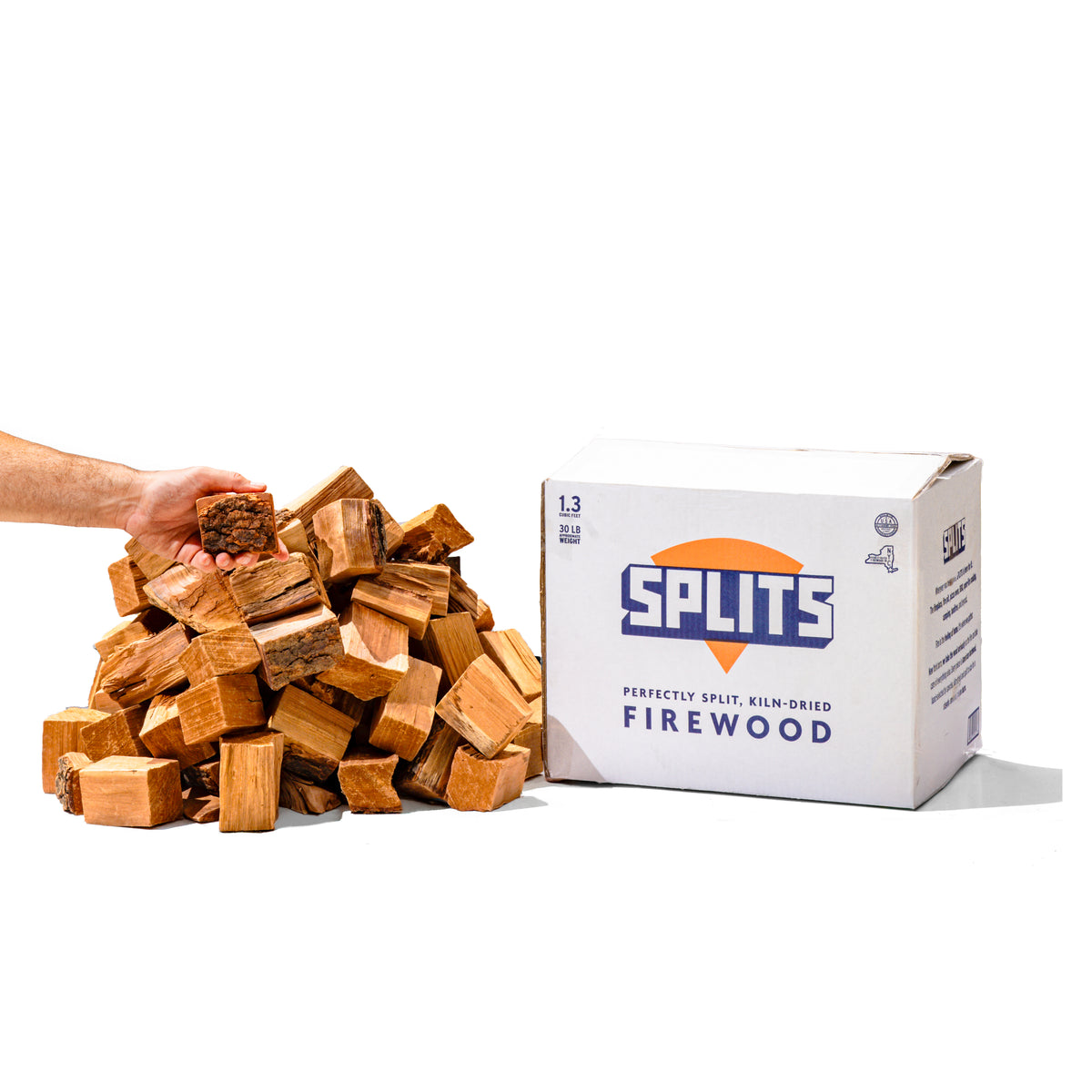 SPLITS 3 inch cherry smoking wood chunks next to SPLITS box