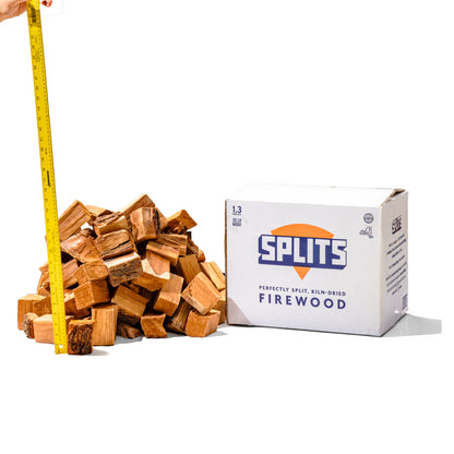 SPLITS 3 inch cherry smoking wood chunks next to SPLITS box