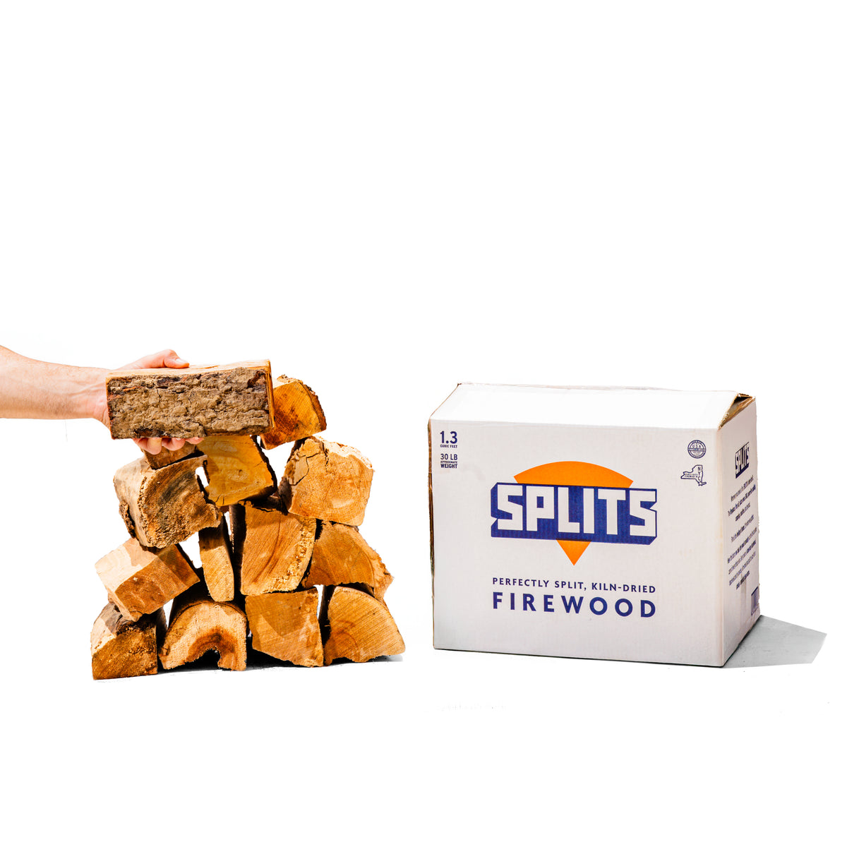 SPLITS 8 inch mixed hardwood halfers next to SPLITS box