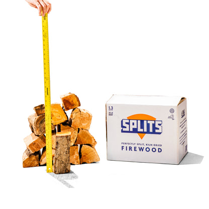 SPLITS 8 inch mixed hardwood halfers next to SPLITS box