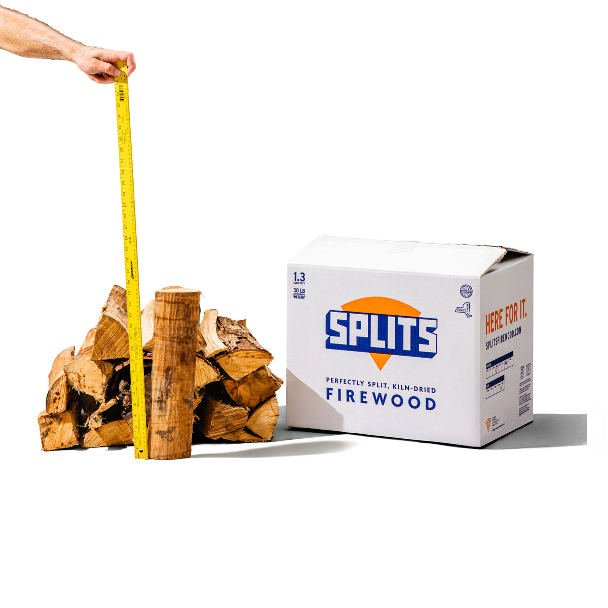 SPLITS 16 inch hickory firewood splits next to SPLITS box
