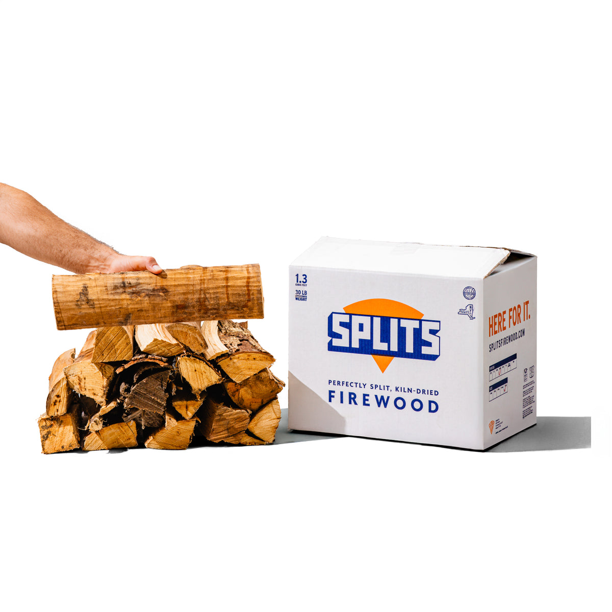 SPLITS 16 inch hickory firewood splits next to SPLITS box