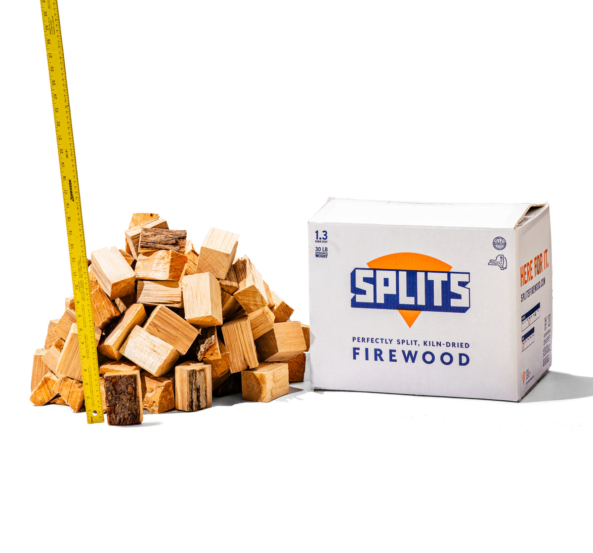 SPLITS 3 inch hickory smoking wood chunks next to SPLITS box