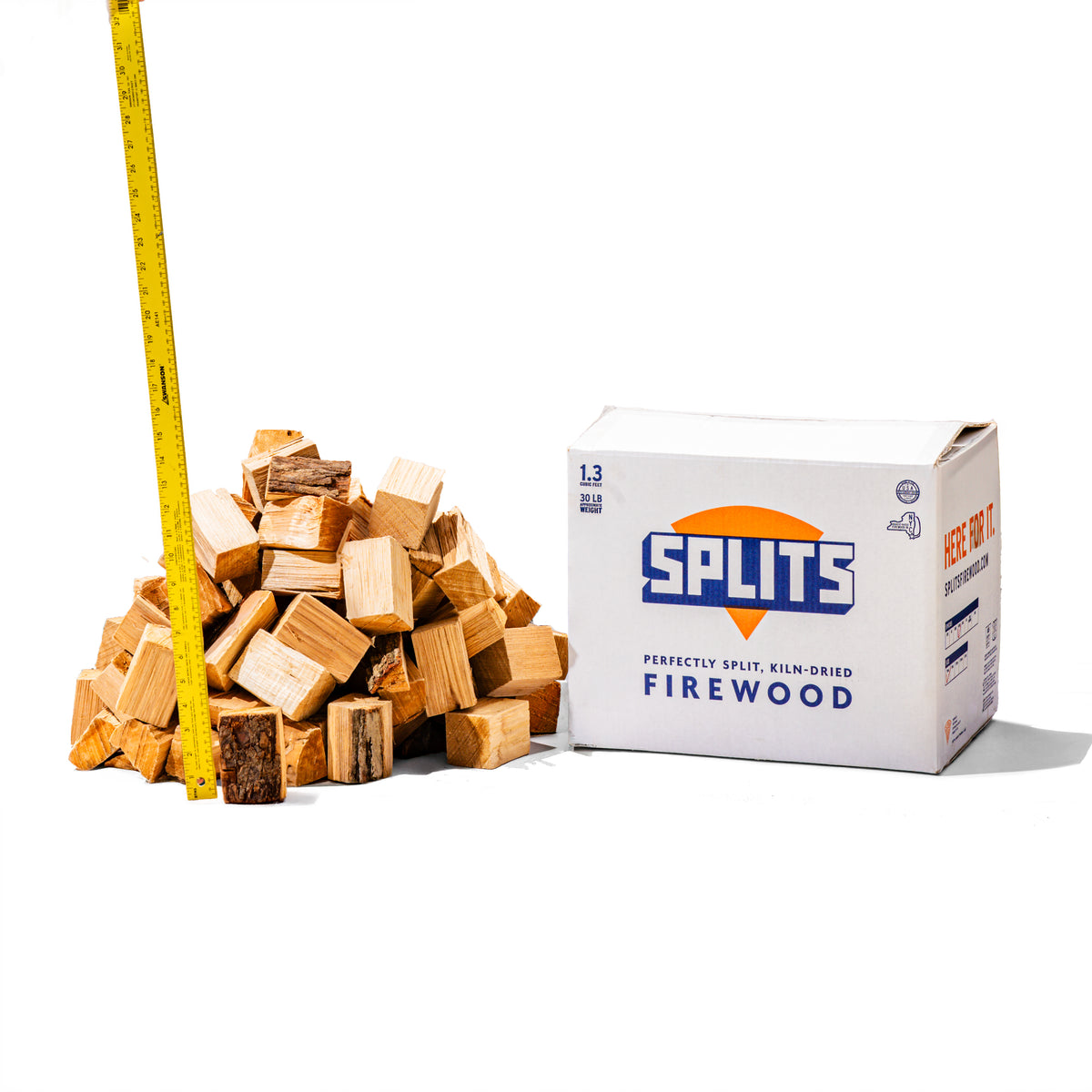 SPLITS 3 inch hickory smoking wood chunks next to SPLITS box