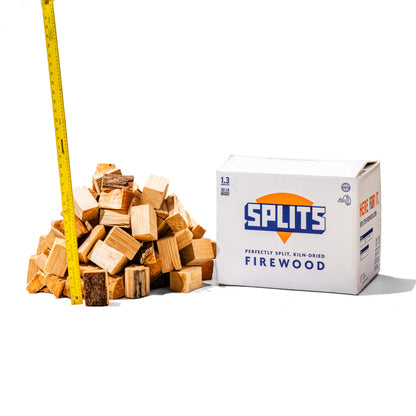 SPLITS 3 inch hickory smoking wood chunks next to SPLITS box