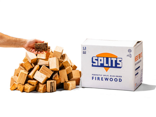 SPLITS 3 inch hickory smoking wood chunks next to SPLITS box