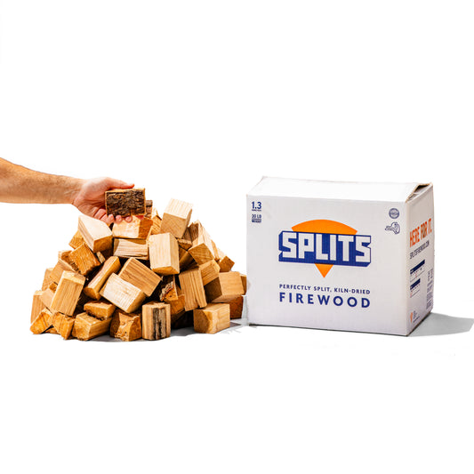 SPLITS 3 inch hickory smoking wood chunks next to SPLITS box