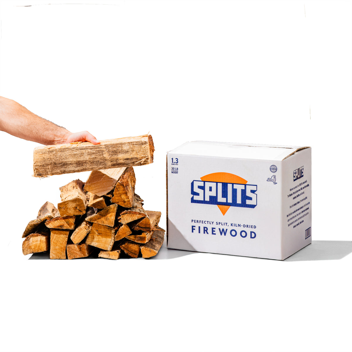 SPLITS 16 inch oak firewood splits next to SPLITS box