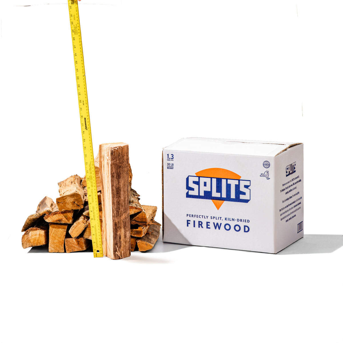 SPLITS 16 inch oak firewood splits next to SPLITS box