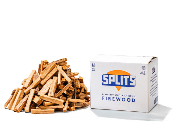 SPLITS 6 inch oak minis for portable pizza ovens next to SPLITS box