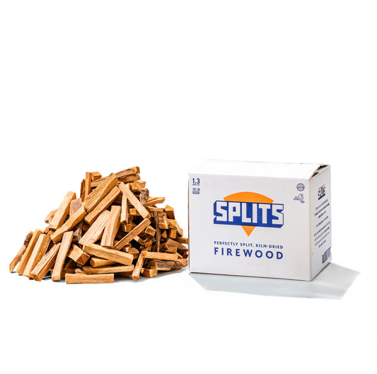 SPLITS 6 inch oak minis for portable pizza ovens next to SPLITS box
