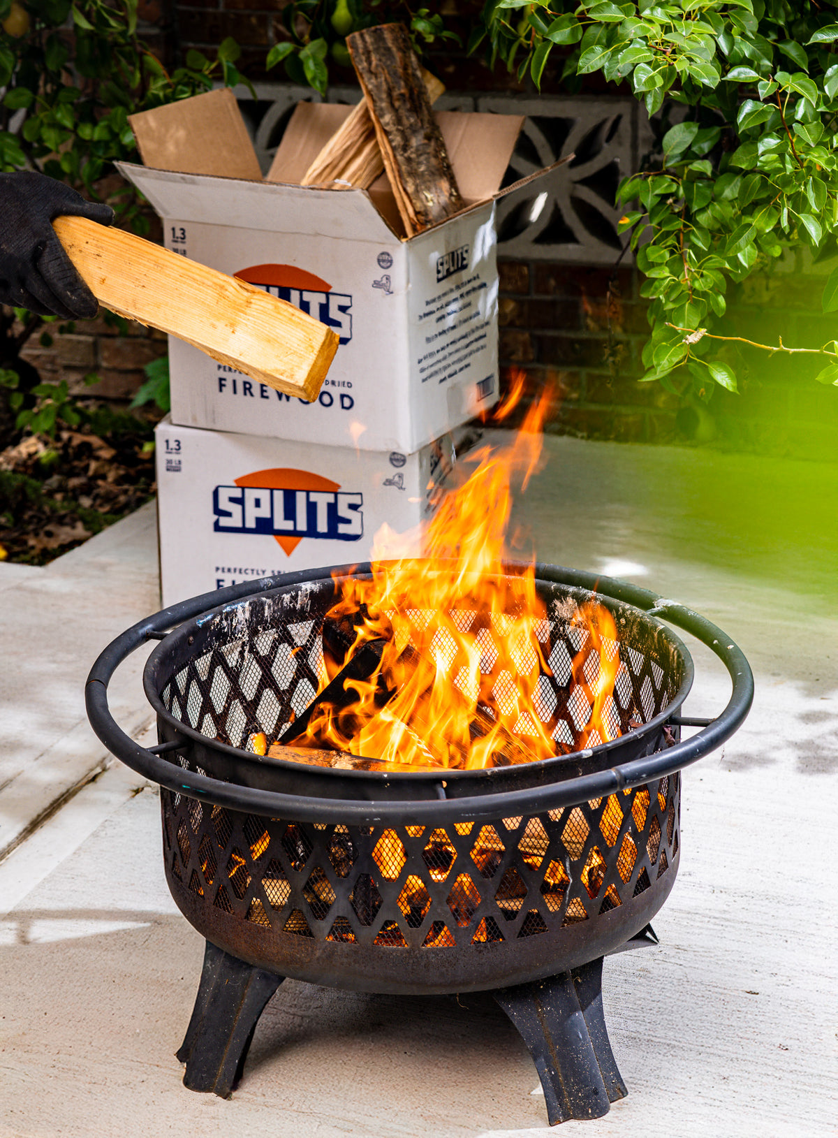 Adding SPLITS kiln-dried firewood to a backyard fire pit